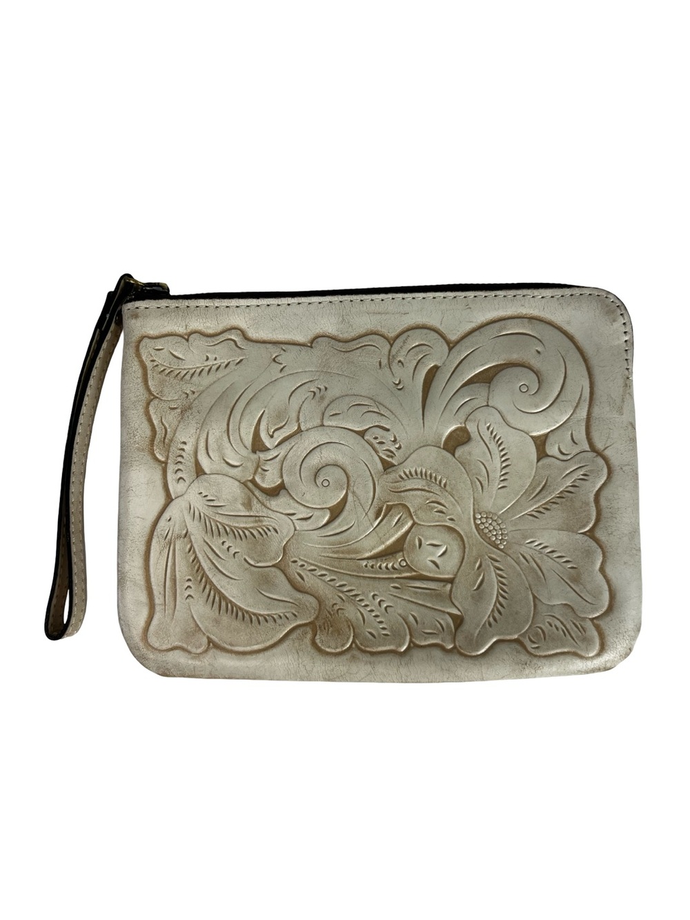 Patricia Nash Tooled Floral Leather Wristlet Clutch Ivory Cream Embossed Zip
